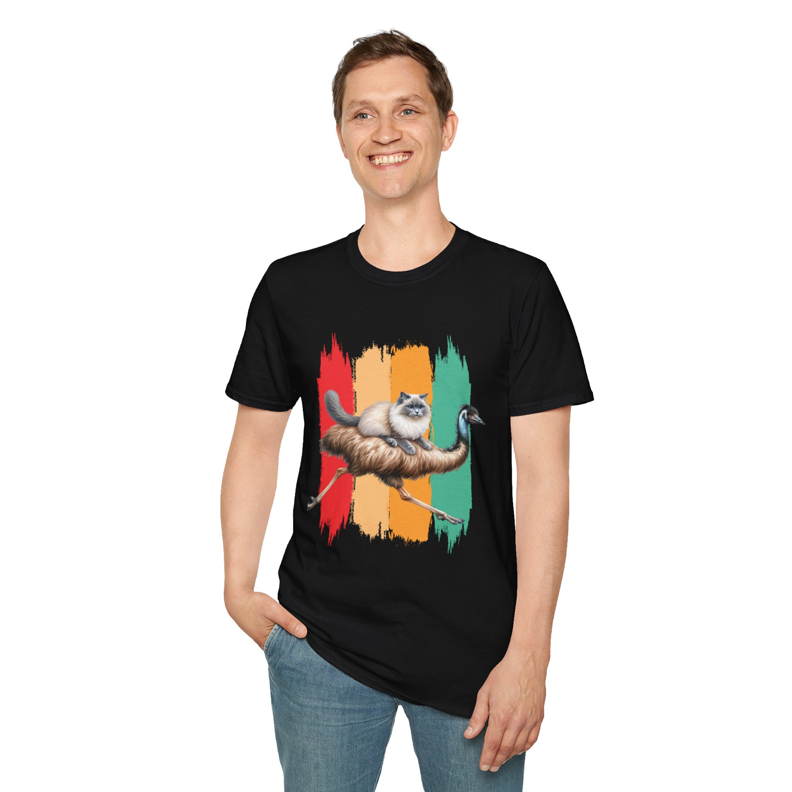 Ragdoll cat riding an emu Novety unisex t-shirt black