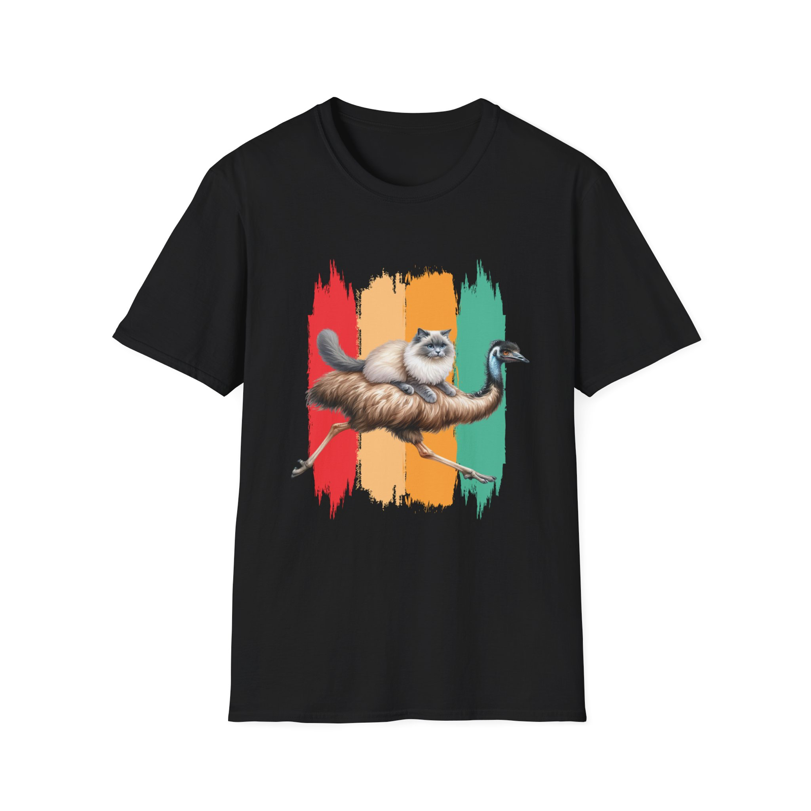 Ragdoll cat riding an emu Novety unisex t-shirt black