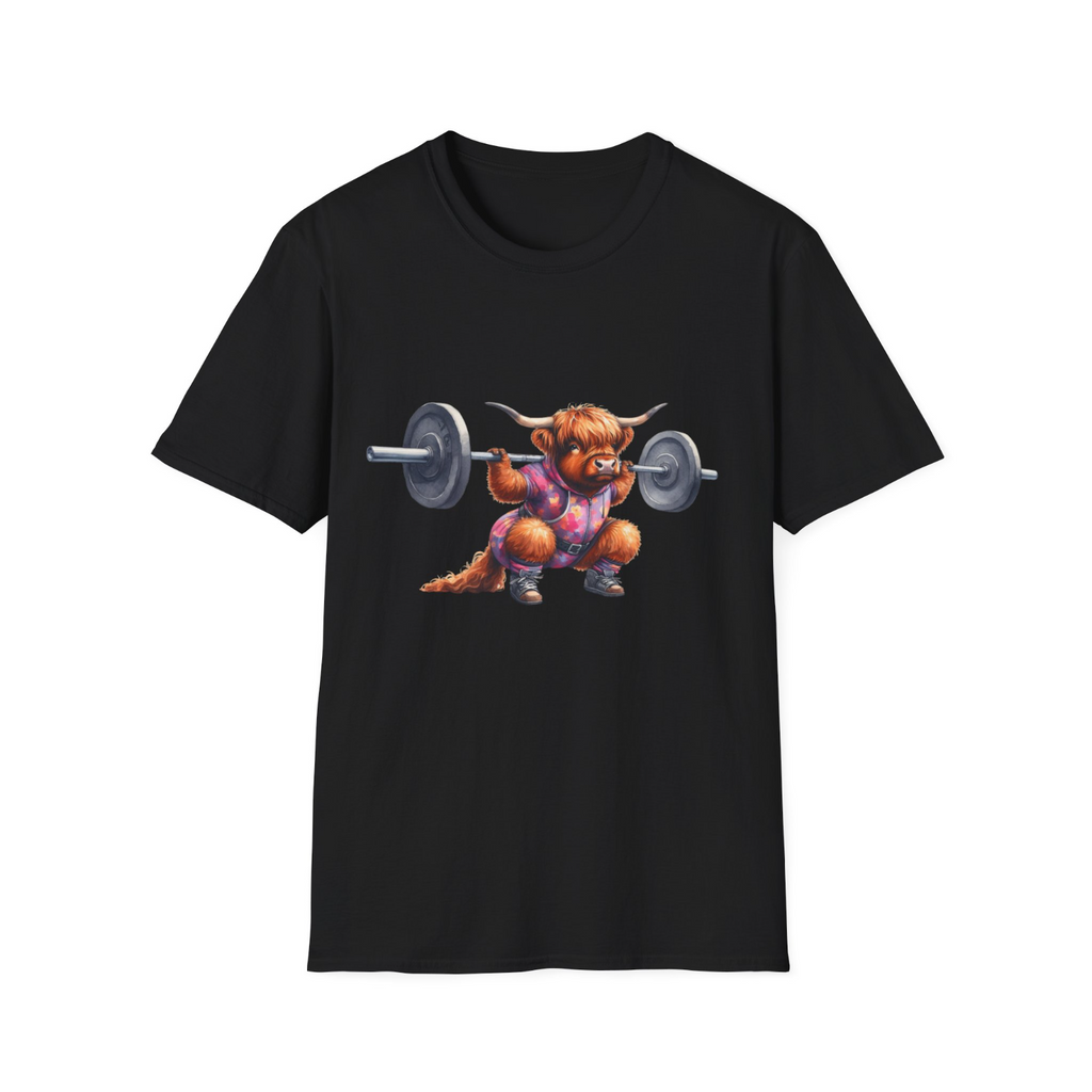 Squat barbell weight lifting cow Novety unisex t-shirt black Highland coo