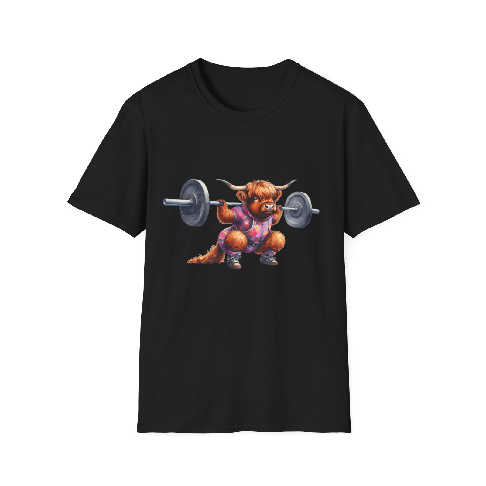 Squat barbell weight lifting cow Novety unisex t-shirt black Highland coo