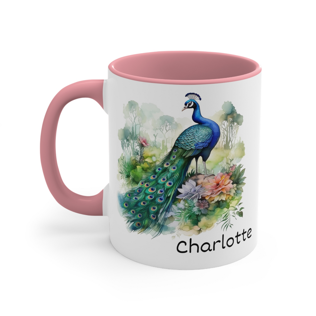 Personalised peacock name mug your custom text new coloured handle and inner