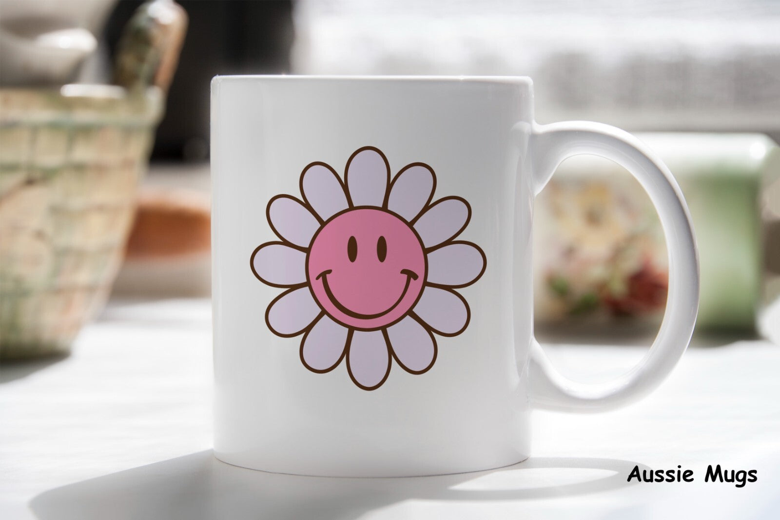 Pink Smiley Face Flower Emoji Novelty mug gift coffee cup