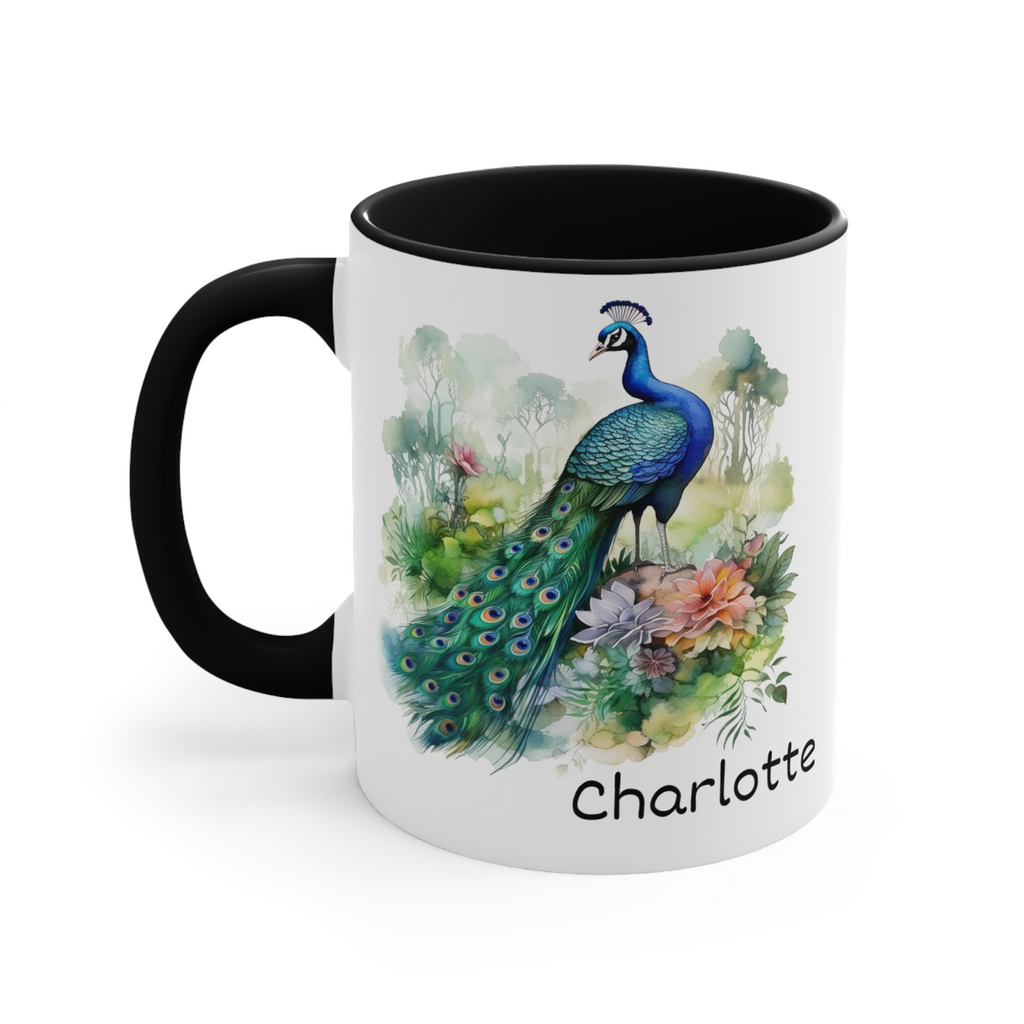 Personalised peacock name mug your custom text new coloured handle and inner