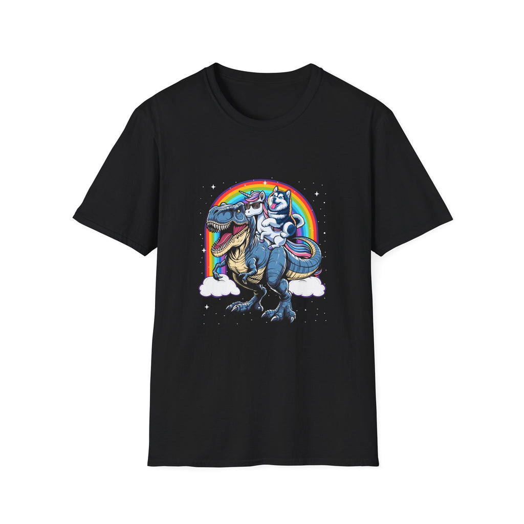 Unisex Tee Husky Dog Riding Unicorn Riding T-Rex Funny Shirt