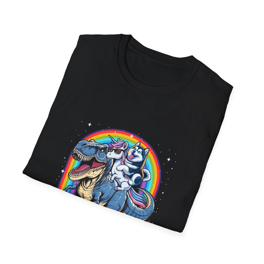 Unisex Tee Husky Dog Riding Unicorn Riding T-Rex Funny Shirt