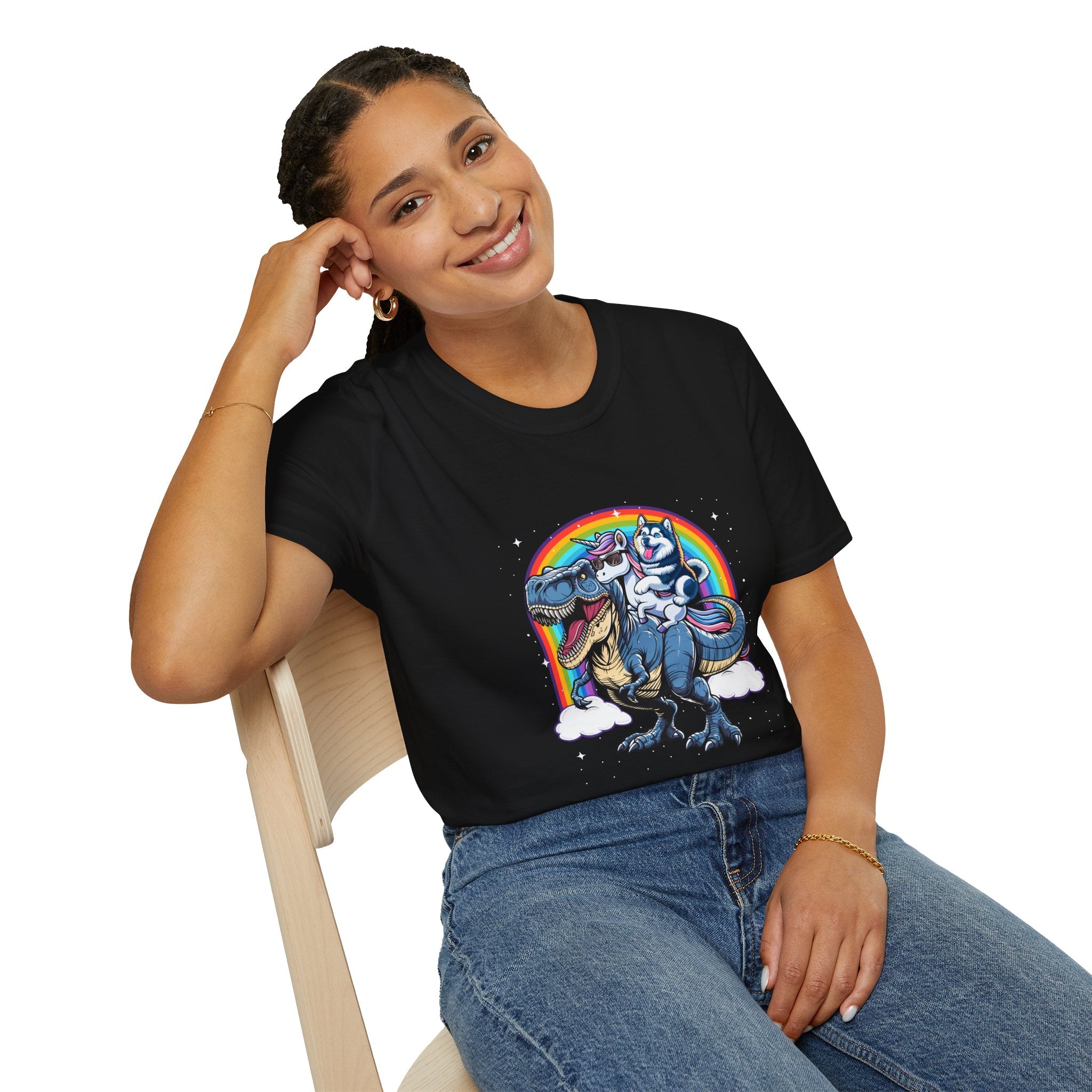 Unisex Tee Husky Dog Riding Unicorn Riding T-Rex Funny Shirt