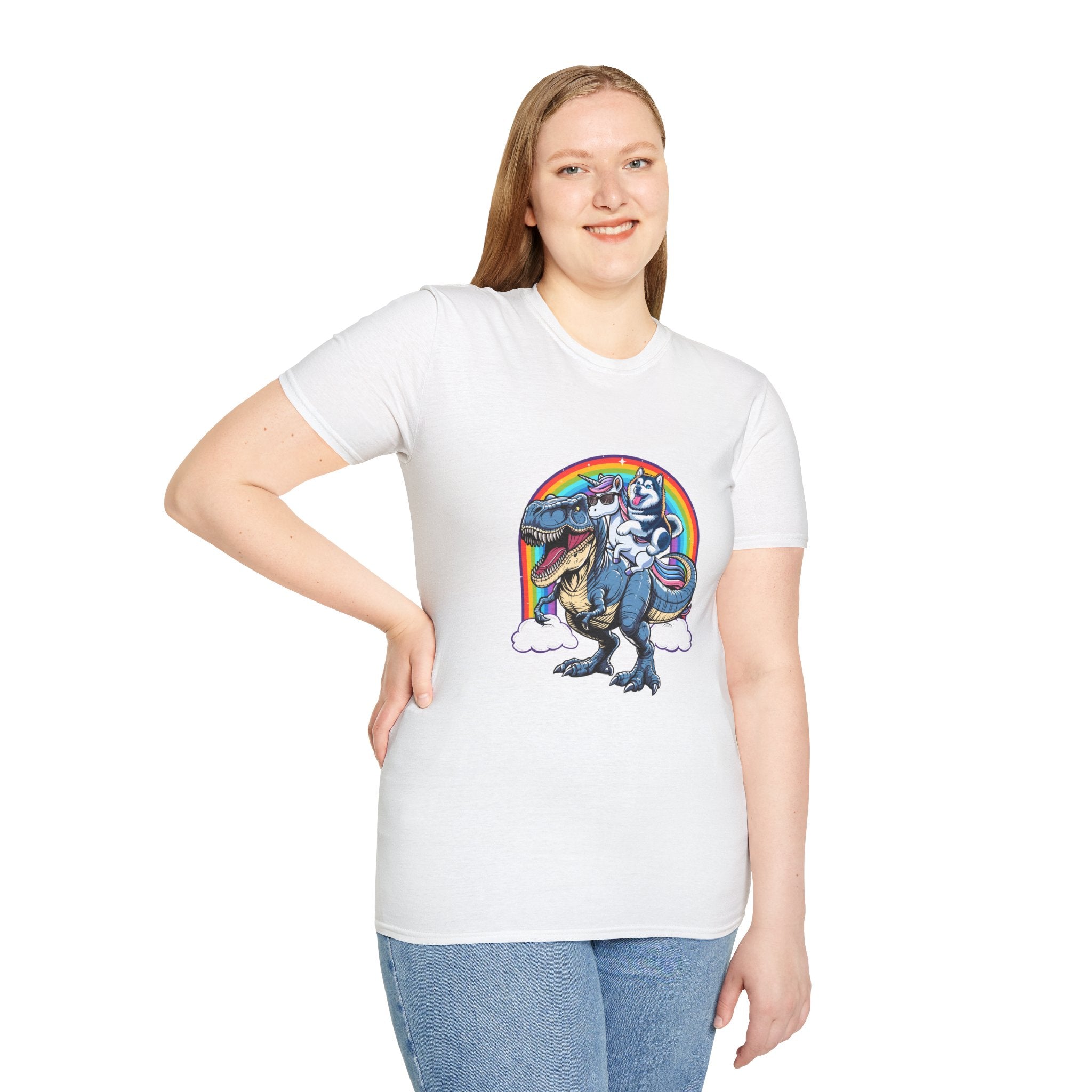 Unisex Tee Husky Dog Riding Unicorn Riding T-Rex Funny Shirt