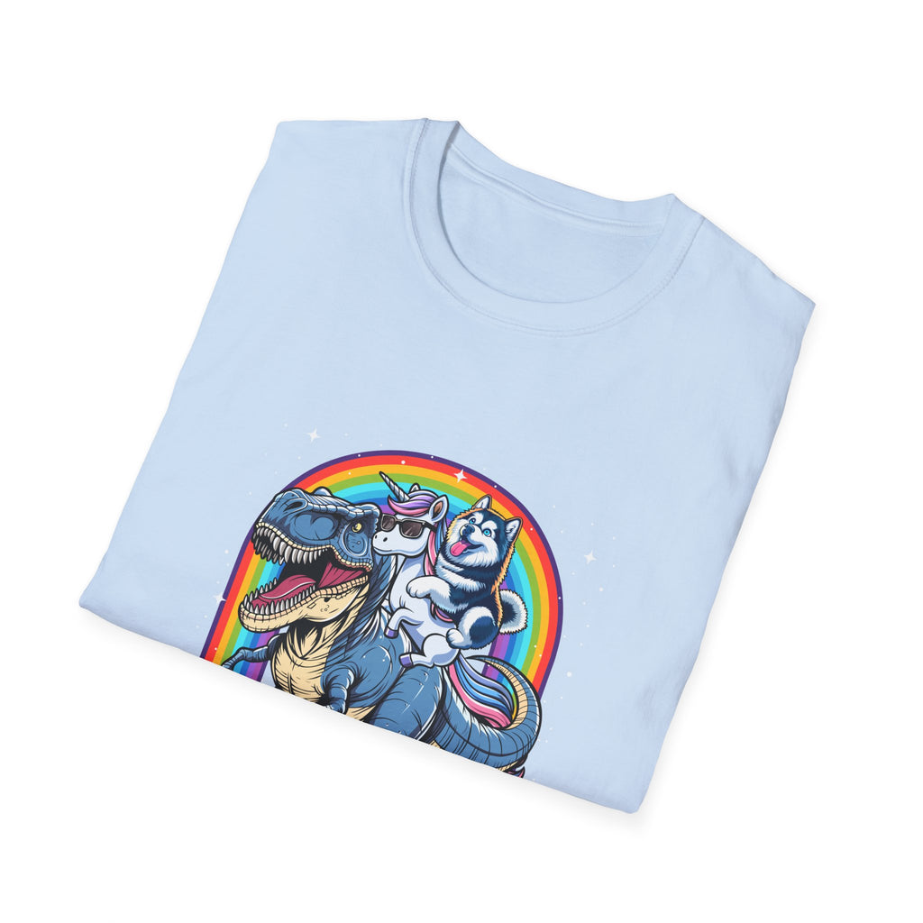 Unisex Tee Husky Dog Riding Unicorn Riding T-Rex Funny Shirt