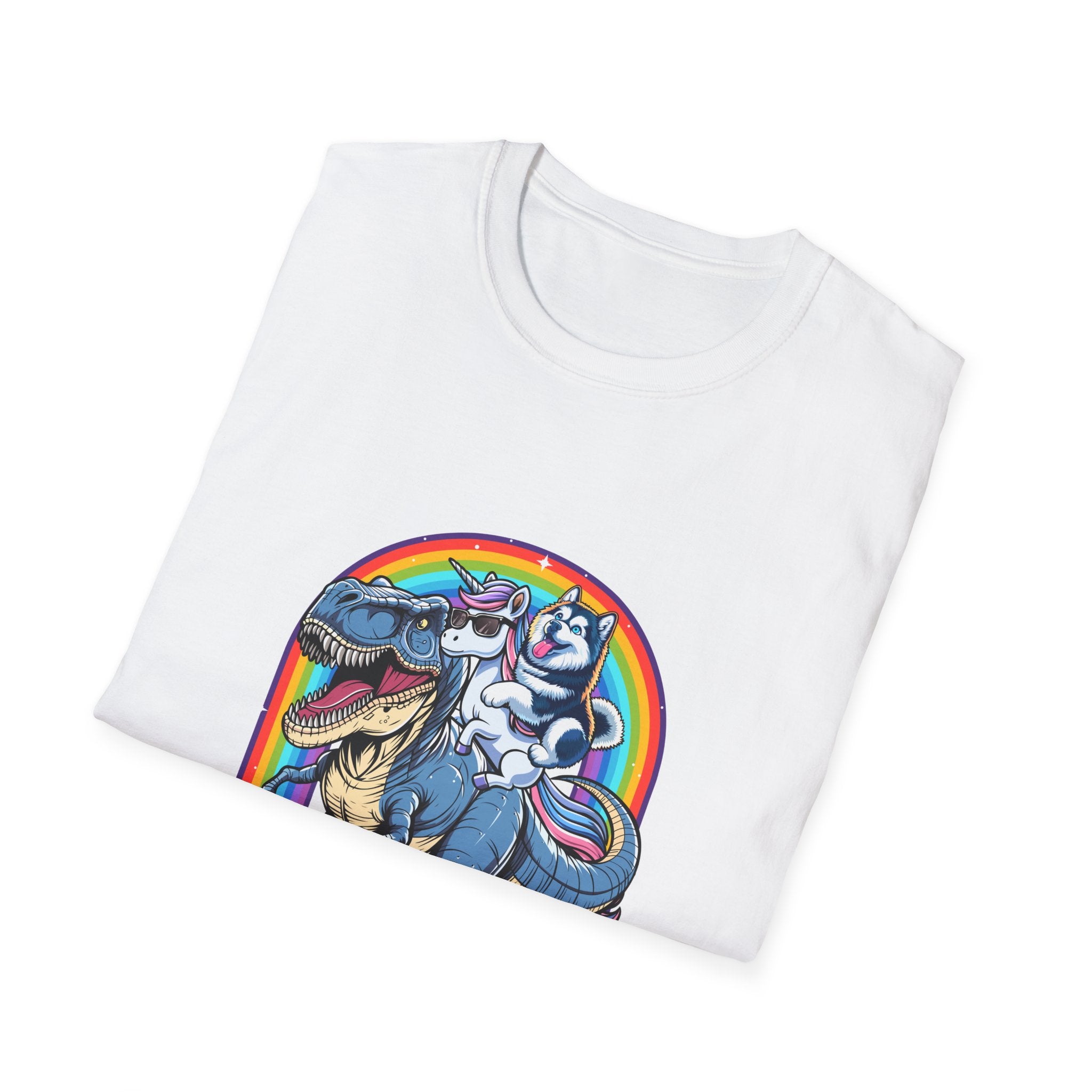 Unisex Tee Husky Dog Riding Unicorn Riding T-Rex Funny Shirt