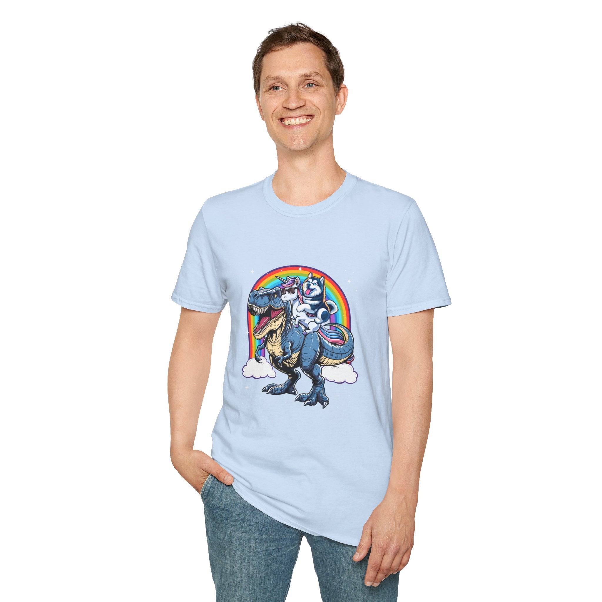 Unisex Tee Husky Dog Riding Unicorn Riding T-Rex Funny Shirt