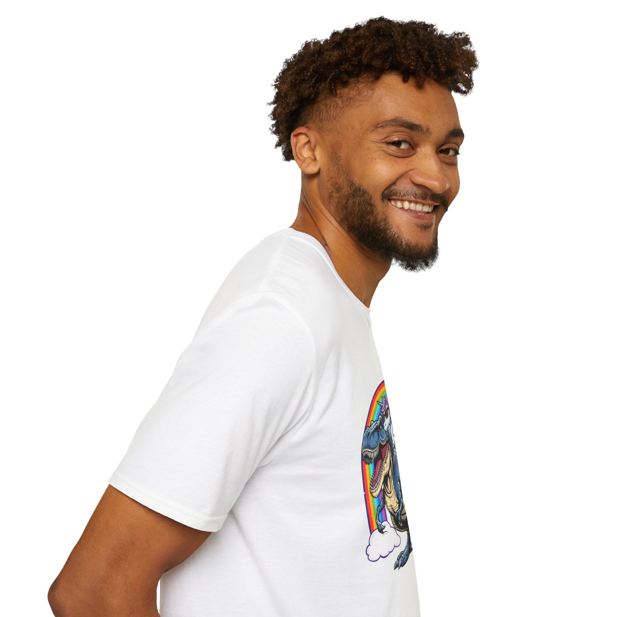 Unisex Tee Husky Dog Riding Unicorn Riding T-Rex Funny Shirt
