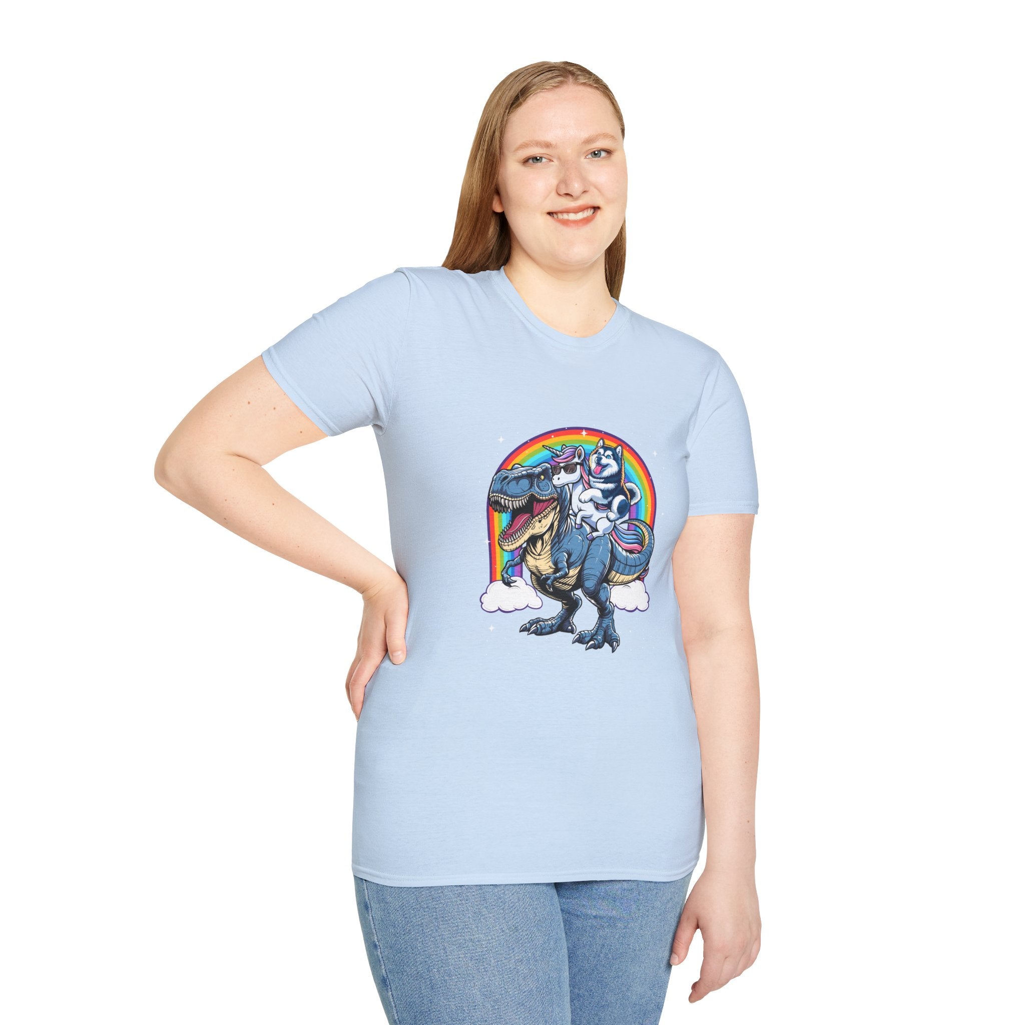 Unisex Tee Husky Dog Riding Unicorn Riding T-Rex Funny Shirt